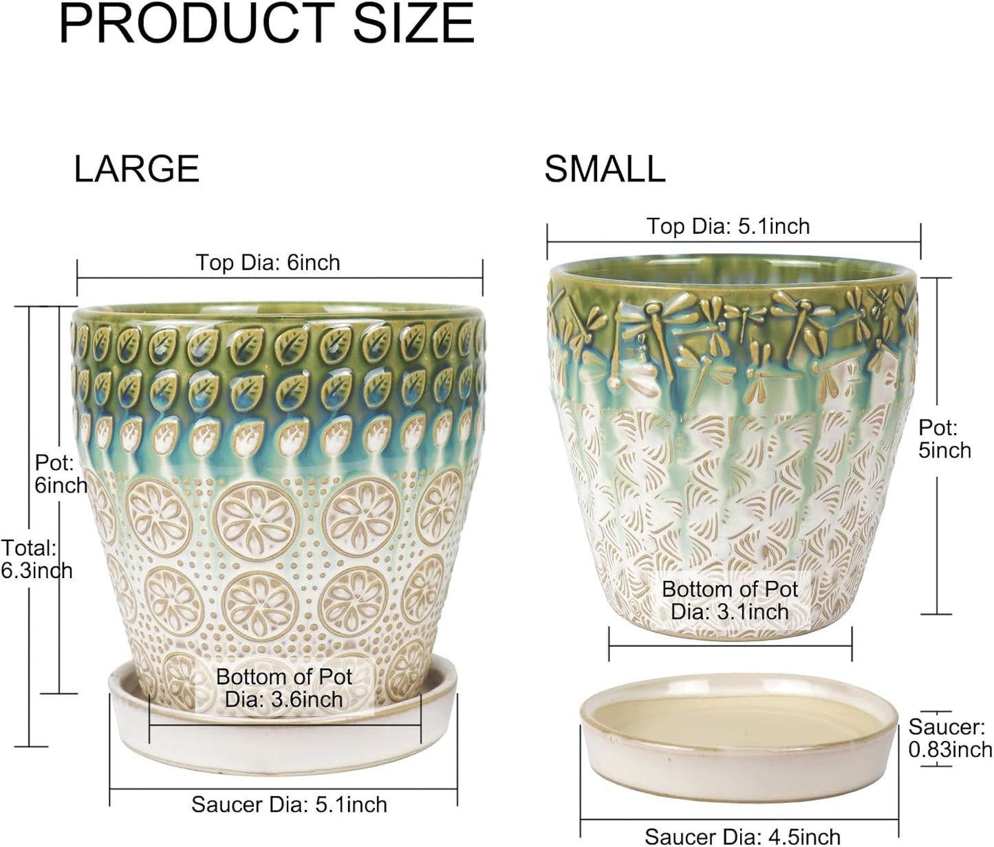 6 Inch + 5 Inch Ceramic Planter with Drainage Hole and Saucer for Plants, Indoor-Outdoor Round Succulent Orchid Garden Flower Pot - Set of 2