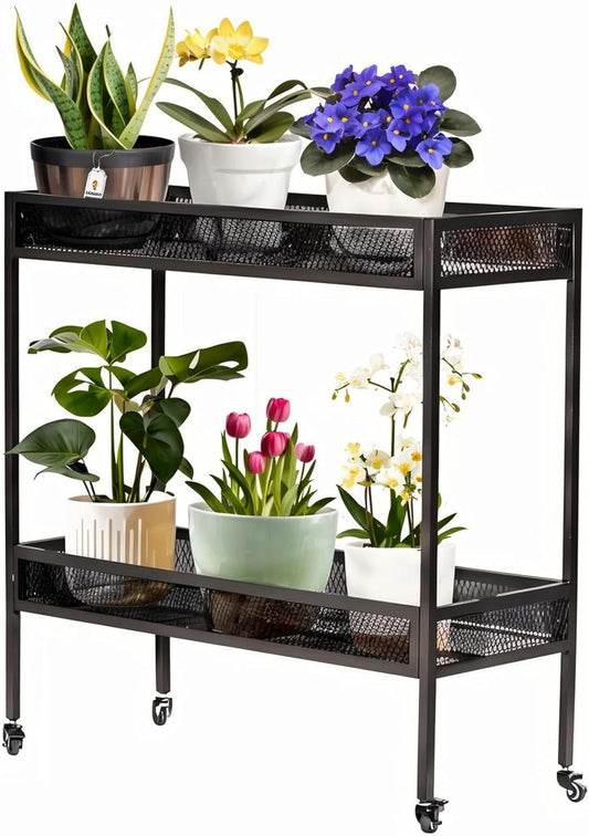 2-Tier Metal Plant Stand - Indoor/Outdoor Aluminum Shelf with Universal Wheel - Aesthetic Display Rack for Multiple Plants - Ideal for Lawn, Garden, Balcony, and Patio