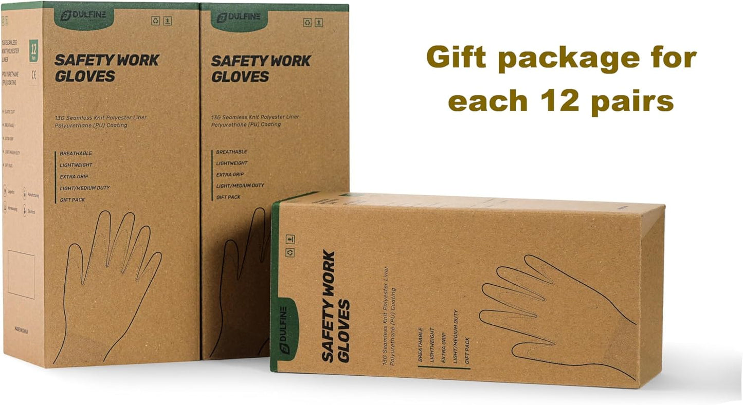 DULFINE Safety Work Gloves PU Coated-12 Pairs,Grey Seamless Knit Glove with Polyurethane Coated Smooth Grip on Palm & Fingers, for Men and Women, Ideal for General Duty Work (Large)