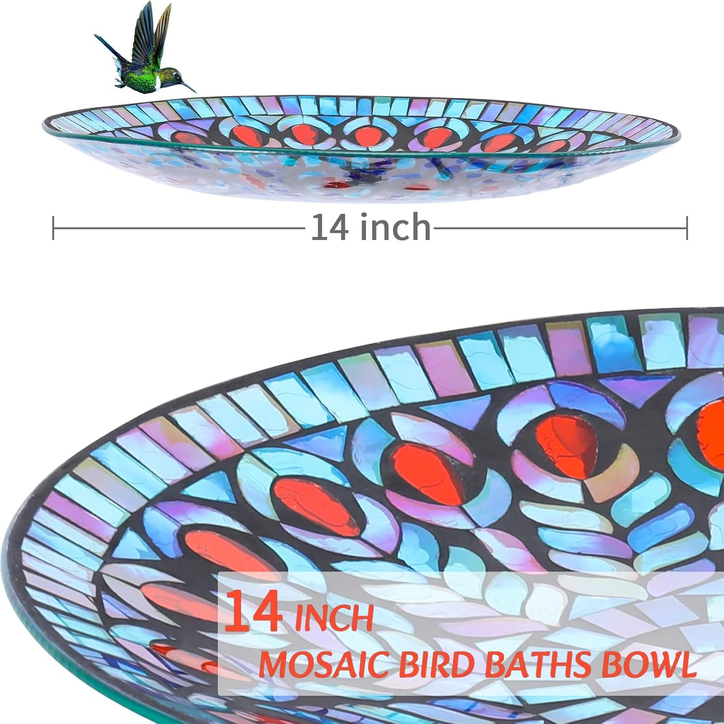 MUMTOP Mosaic Glass Bird Baths, 14 Inch Width Outdoor Garden Peacock Bird Bath Bowl with Metal Stand, Unique Glass Birdbaths Bird Feeder for Yard Decor, 19.68 Inch Height