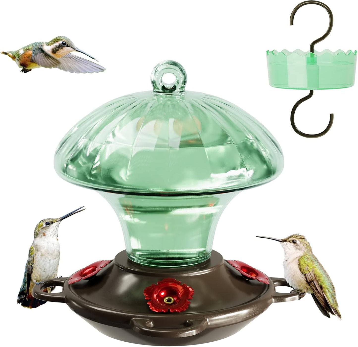 Hummingbird Feeder, Auslar 15 Ounces Glass Hummingbird Feeders for Outdoors Hanging Ant and Bee Proof, Ant Moat & 4 Flower Feeding Ports, Rustproof, Leakproof, Mushroom Shape, Green