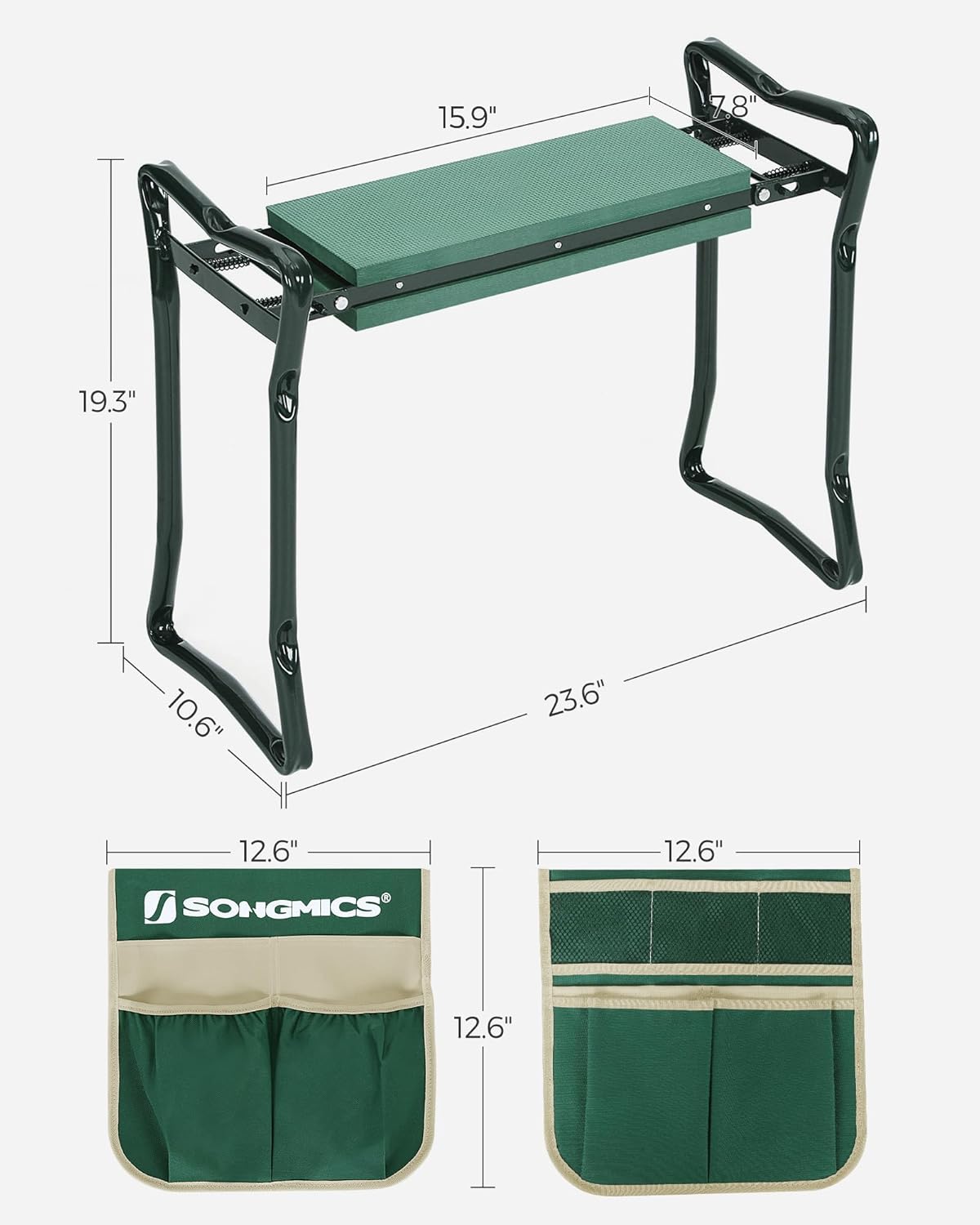 SONGMICS Garden Kneeler and Seat, Multifunctional Garden Kneeling Bench, Gardening Gifts for Women Men, Folding Gardening Stool, with 2 Tool Bags, 8-Inch Wide Kneeling Pad, Dark Green UGGK060L01
