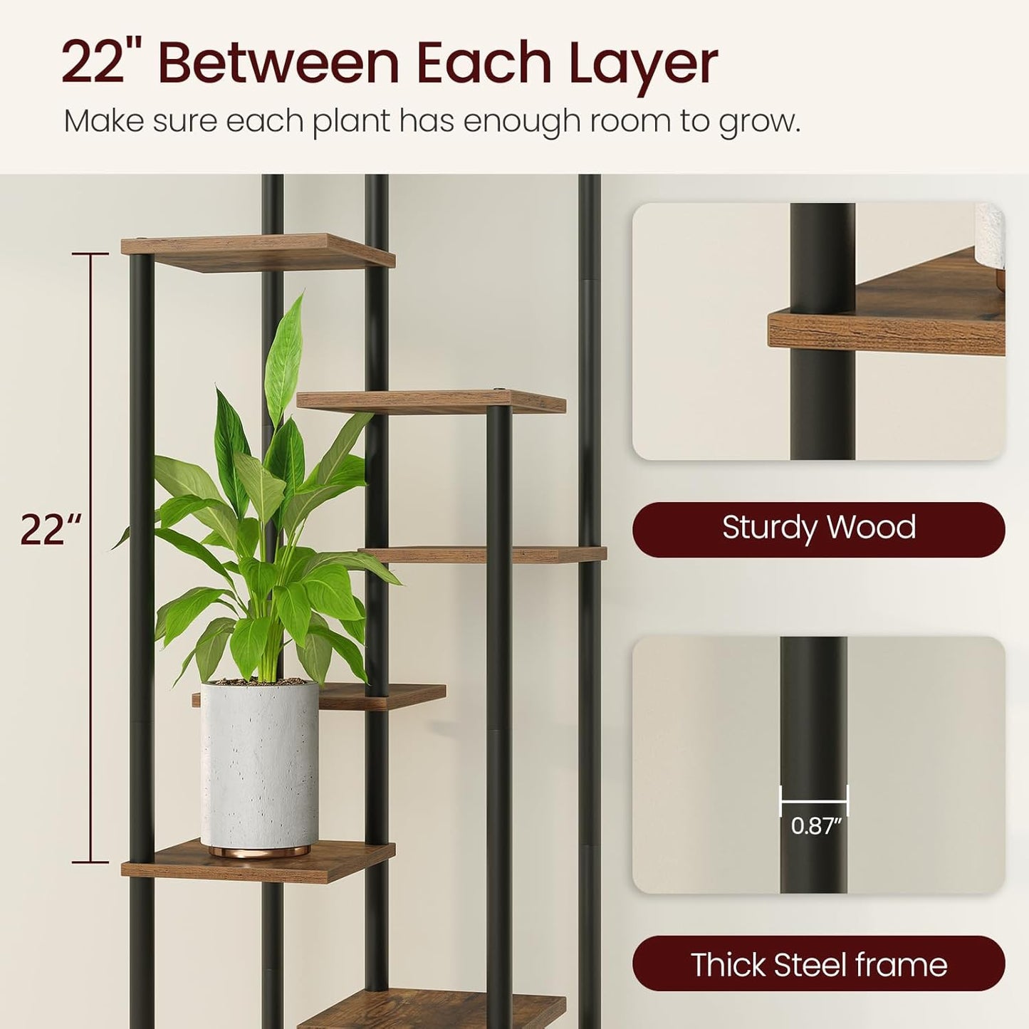 10 Tier Plant Stand Indoor, Tiered Corner Plant Shelf Flower Stand for Living Room, Balcony, Patio, Garden, Rustic Brown and Black