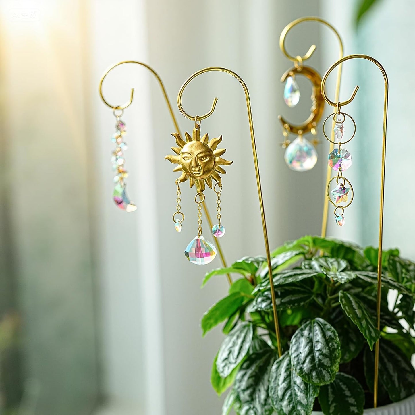 HDCRYSTALGIFTS 6PCS Small Trellis with Crystal Sun Catchers for Potted Plants, 13.5inch Fairy Garden Plant Stakes Suncatchers for Mini Potted Indoor Outdoor Decorations (Sun & Moon Styles)