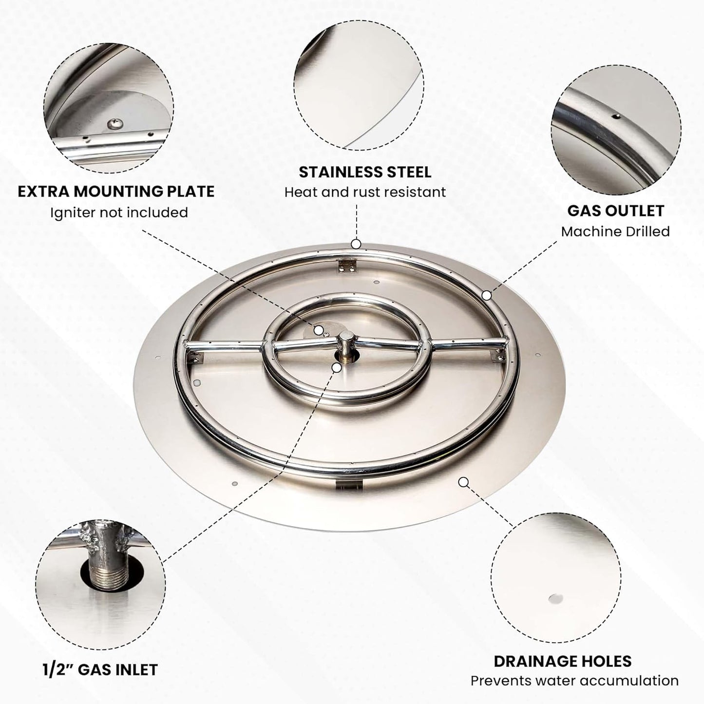 Stainless Steel Fire Pit Burner Pan & Ring, Works with Liquid Propane or Natural Gas, 30-Inch Pan, 24-Inch Ring, 150,000 BTU Max