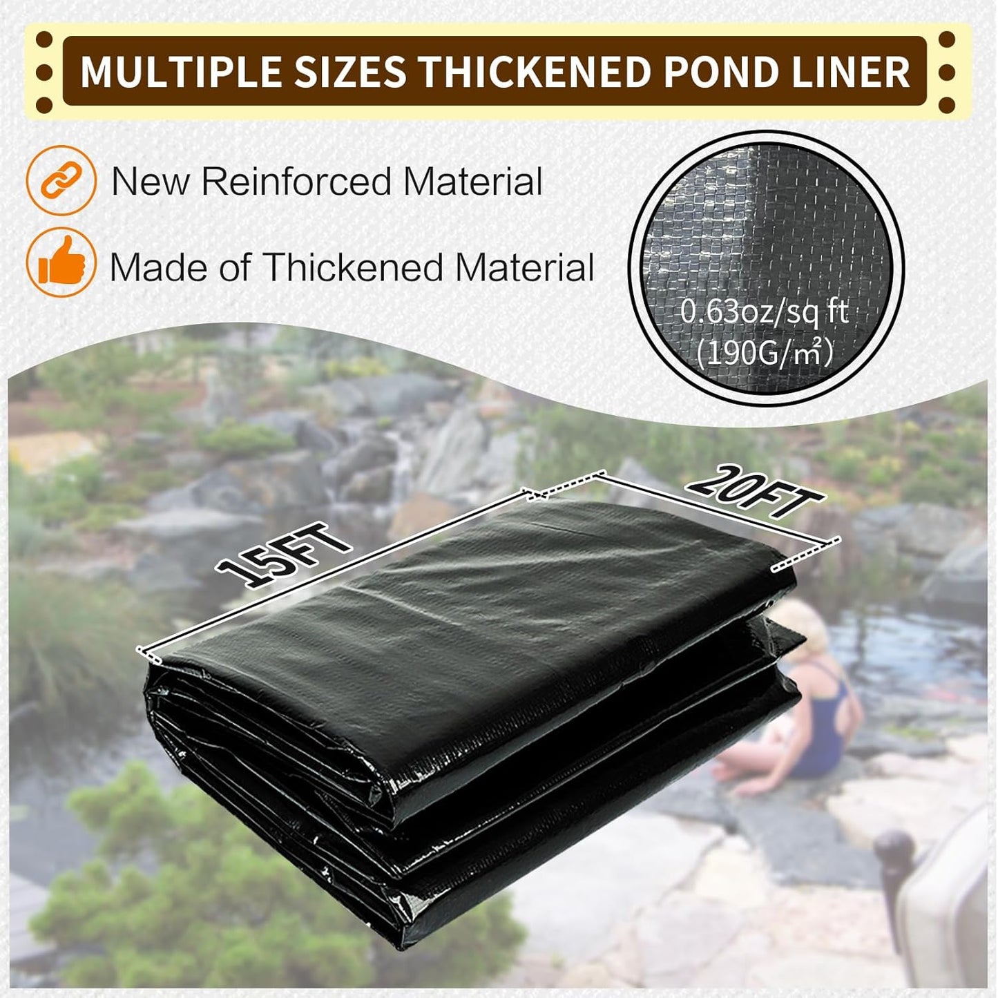 yeezoo 15x20FT Reinforced PE Pond Liner, KOI Pond Liners for Outdoor Ponds, Enhanced 5-Layer Structure Pond Liner for Fish, Duck, Garden Raised Bed and Waterscape Pond(0.63oz/sq ft Thickness)