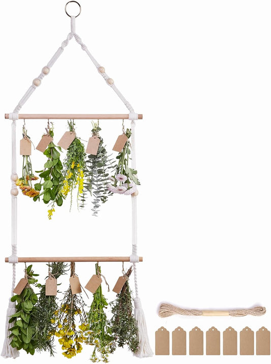 2Tier Herb Drying Rack Flower Drying with 25PCS Brown Gift Tags and 32ft Natural Jute Twine herb Dryer,Herb Drying Rack,Hanging Herb Dryer Rack, Ivory