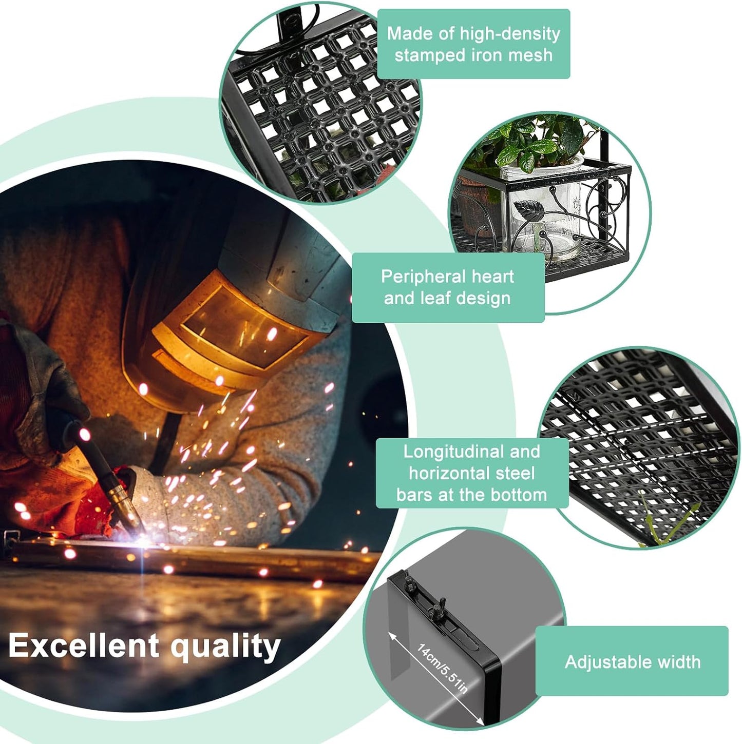 2-Tier Outdoor Flower Pot Stand Rack, Balcony Patio Railing Hanging Shelf Basket,Iron Height Adjustable Hanging Plants Container Holder with 1pc Spray Bottle for Yard Fence Garden Decor,Black