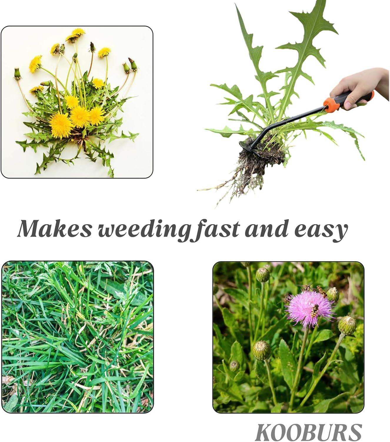 Hand Weeding Tool, Uprooting Weeder Tool Portable Garden Weed Remover with Handle, 4 Teeth Stainless Steel Weed Puller for Garden Backyard Farm Planting & Weeding (Rubber Handle)