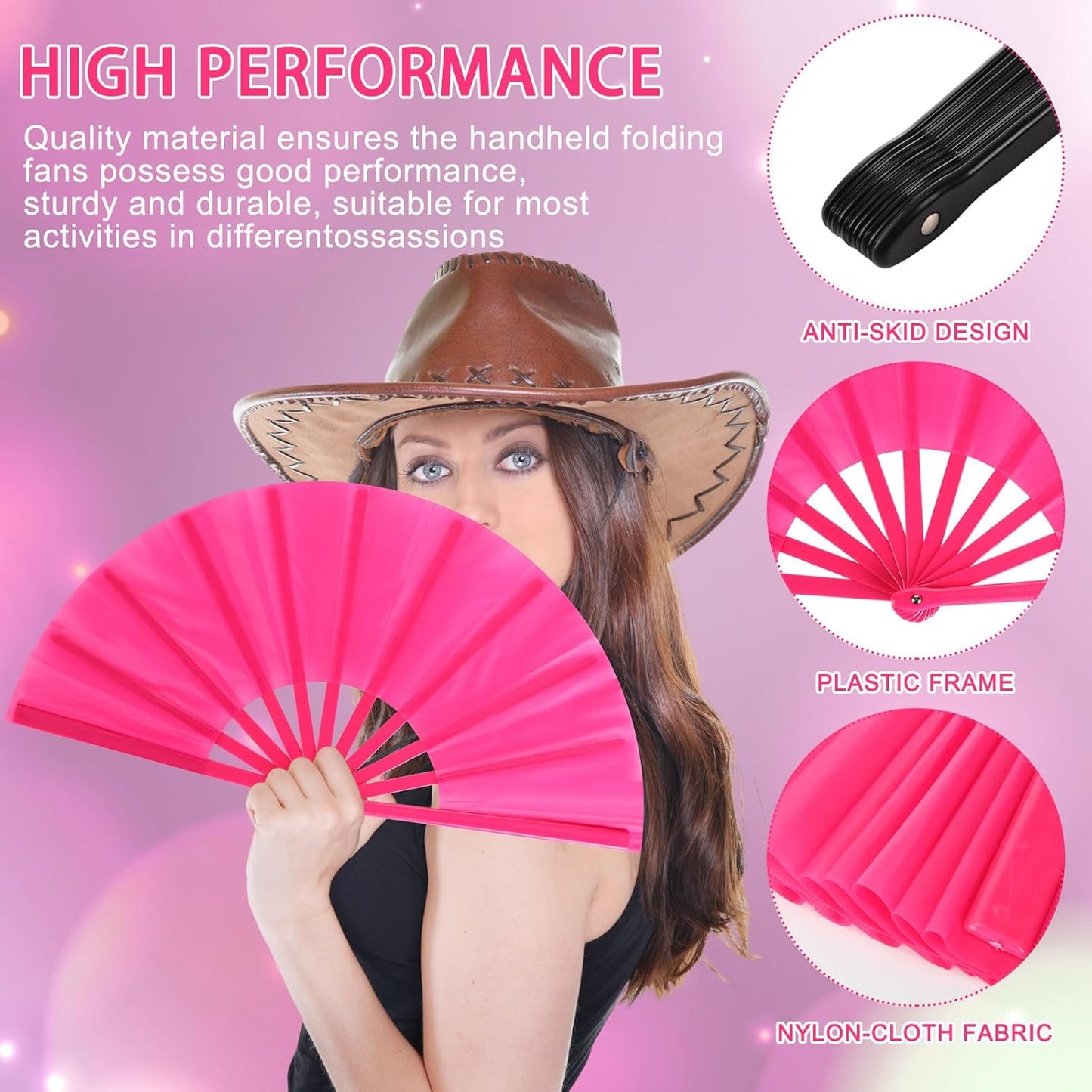Blulu 4 Pcs 13 Inch Large Folding Hand Fans for Line Dancing Big Clapping Popping Raves Fans Bulk for Dancing Boots on The Ground Festival Party Decoration(Classic Style, Rose Red)