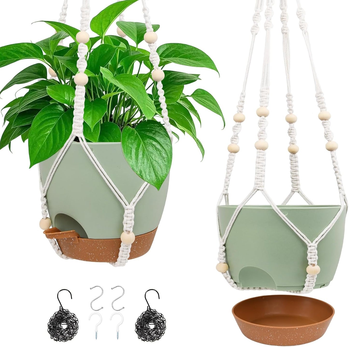 Hanging Planters for Indoor Outdoor Plants, 2 Pack Self Watering Hanging Pot with Drainage Holes, Removable Tray & 2 Kinds of Plant Hangers, 8'' Hanging Flower Pots for Home Garden Decor, Green