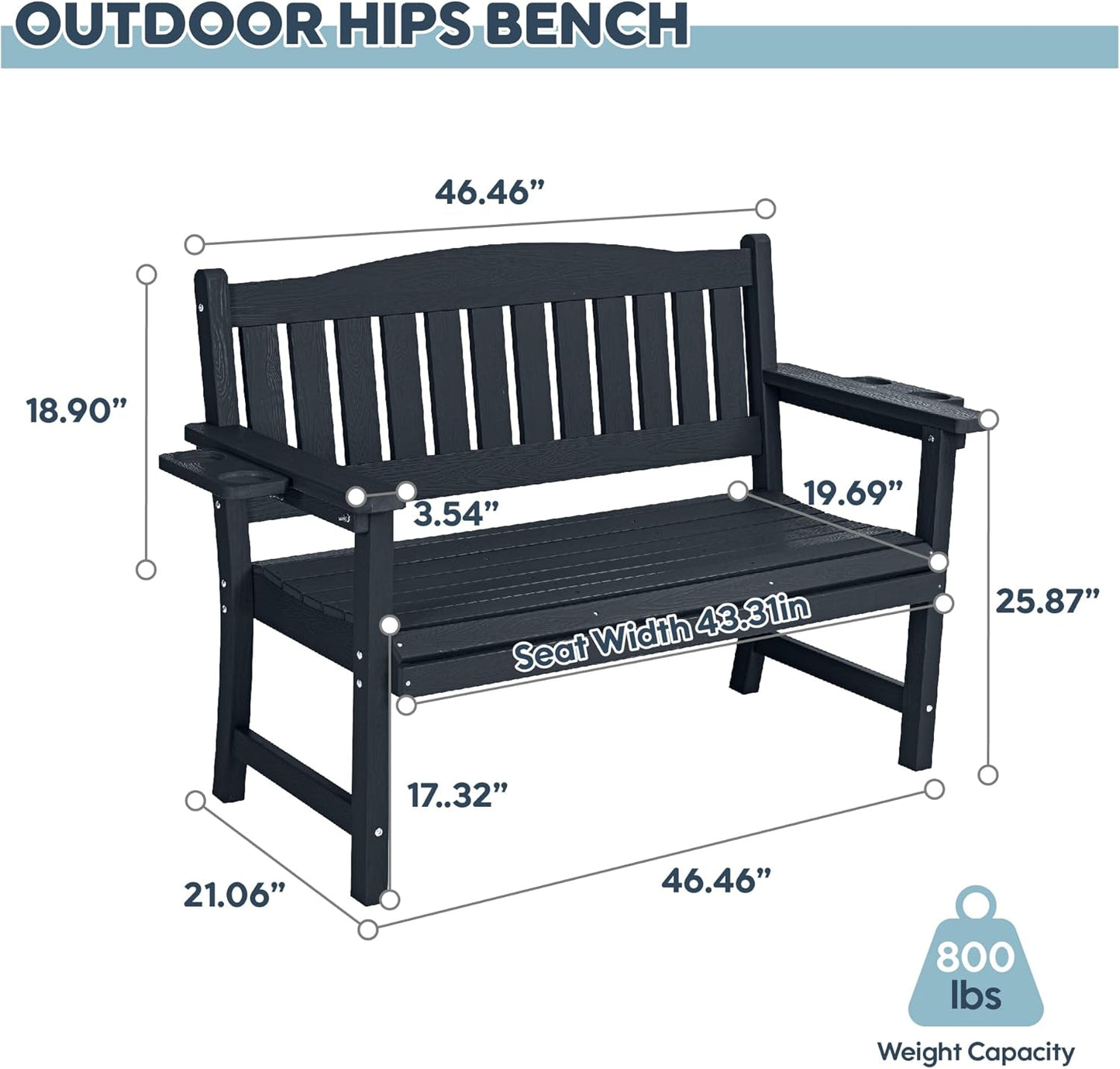 2-Person HIPS Outdoor Bench, Weatherproof Garden Bench with 800 lbs Weight Capacity, Artificial Wood Grains, Never Rot or Fade, Patio Benches for Garden, Porch, Balcony, Backyard,Park, Black