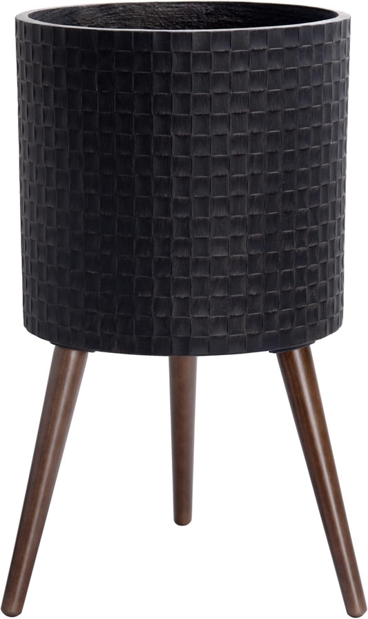 D'vine Dev 14 Inch Modern Geometric Tile Patterned Sleek Planter Pot with Stand, Indoor Outdoor Decorative Plant Holder, Distressed Black, 88-Z-D-5