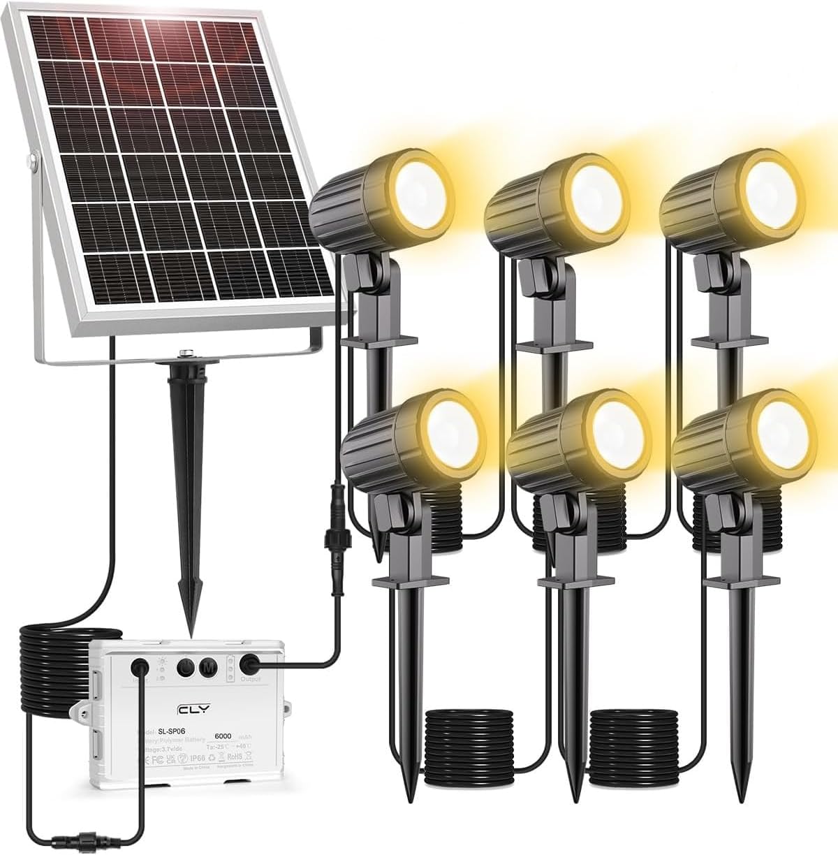 CLY 6 in 1 Solar Spot Lights Outdoor, 2700K Warm White Solar Spotlights Landscape Lights, IP66 Waterproof 59.06ft Cable Auto On/Off Garden Floodlight for Yard Lawn Tree Statue Pathway Decoration