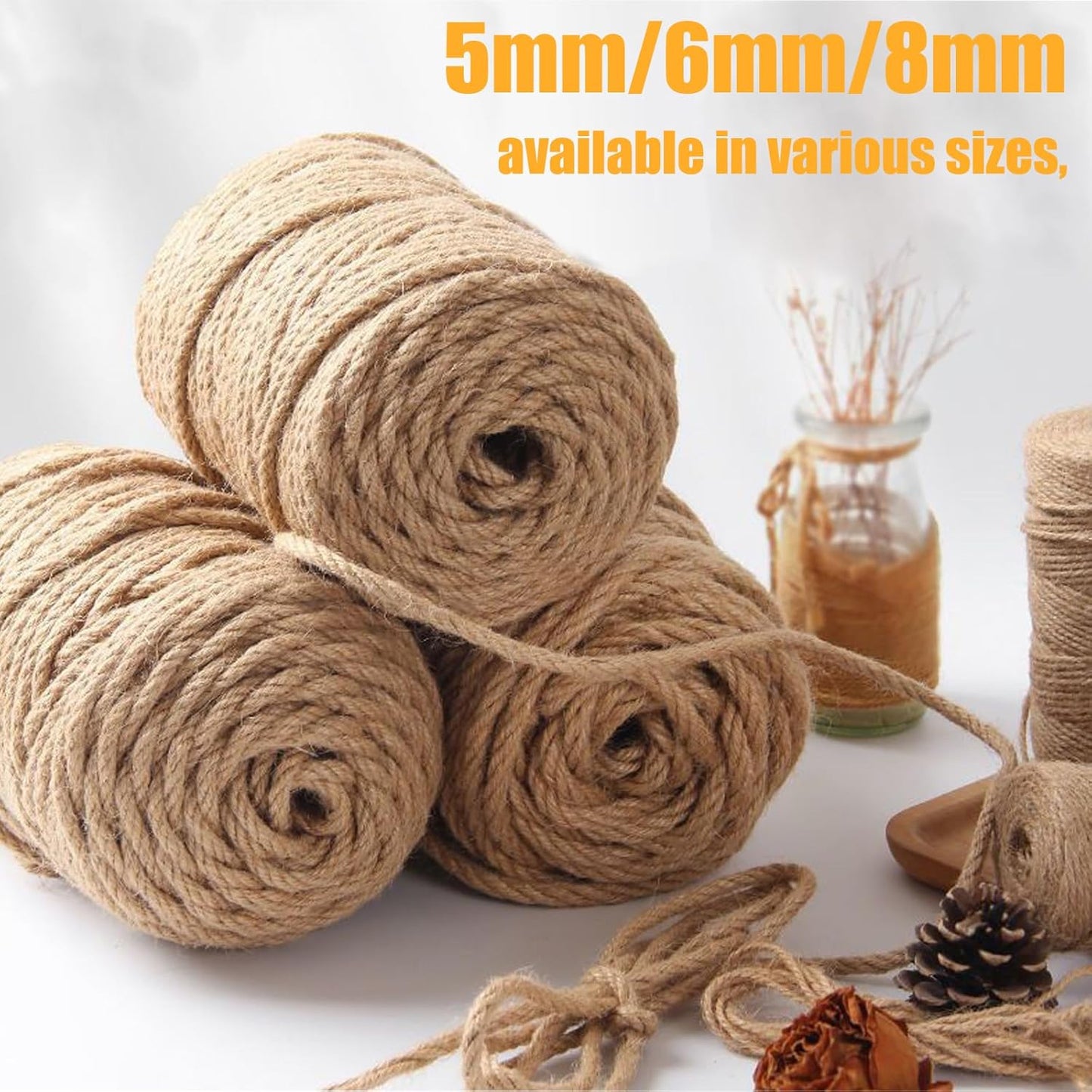 Natural Jute Twine String - 6mm x 164FT Long | Extra Strong & Eco-Friendly for Crafts, Gardening, Packaging, Cat Scratching Posts, and DIY Projects