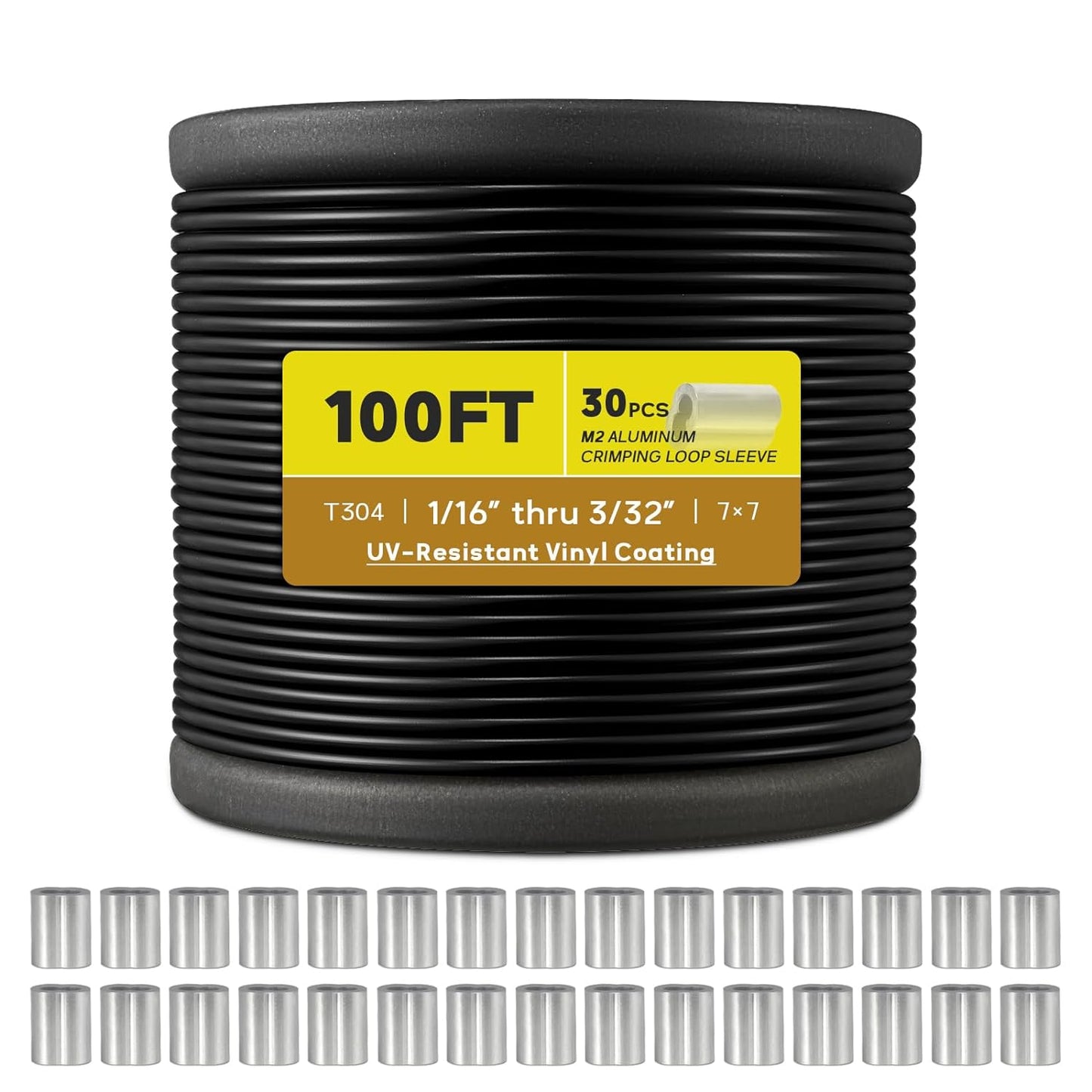 Vinyl Coated Wire Rope 1/16 Inch Overmolded to 3/32 Inch, 100FT 304 Stainless Steel Cable with 30 Pcs Crimping Sleeves for String Light Hanging Kit, Clotheslines, Trellis Wire