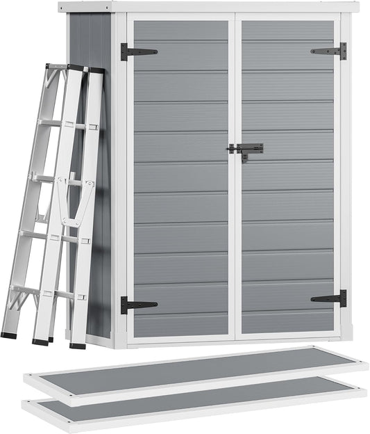 DWVO Outdoor Vertical Storage Shed with 2 Shelves, 49 Cu Ft Waterproof Resin Garden Shed with Floor & Lockable Door, Plastic Tall Tool Cabinet for Garbage Cans, Lawn Equipment, Garden Supplies (Gray)