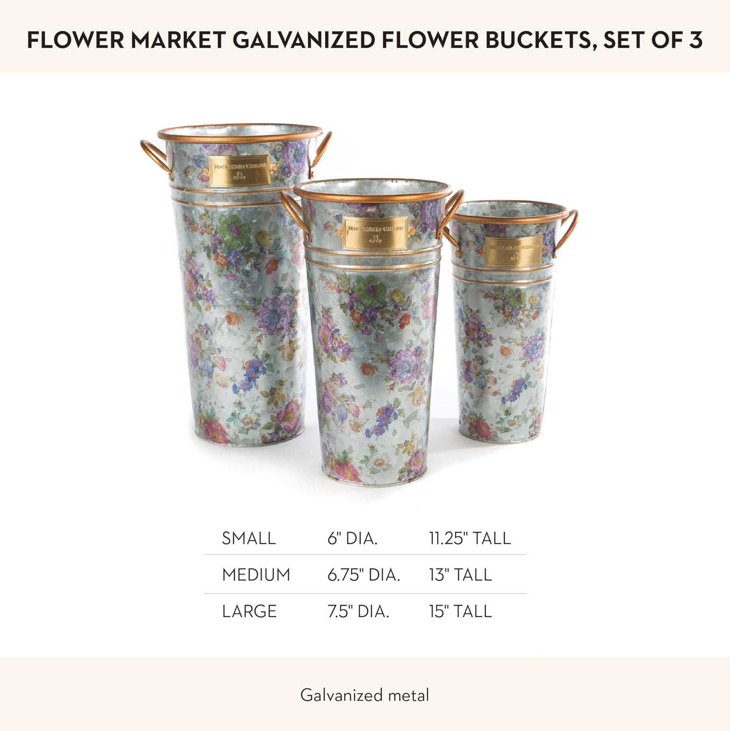 MACKENZIE-CHILDS Galvanized Flower Buckets, Decorative Metal Buckets, Flower Market, Set of 3