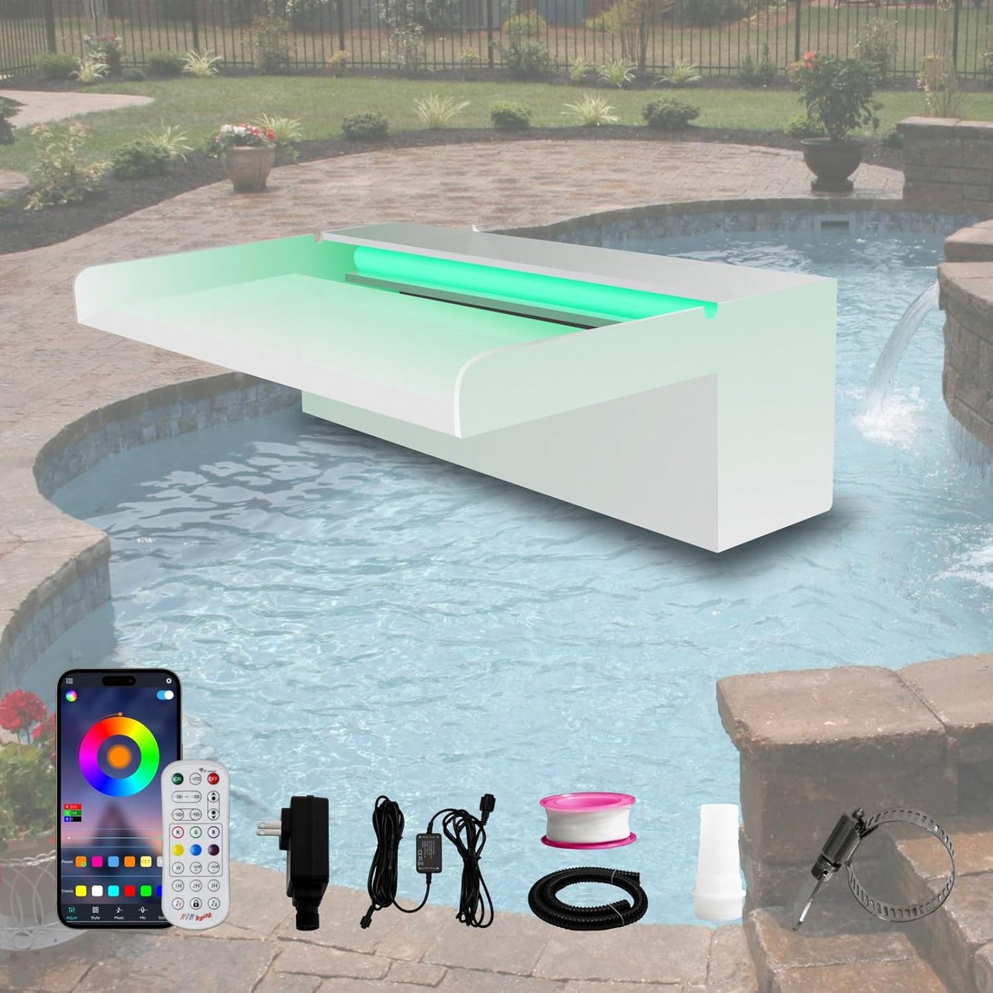 Pond Waterfall Spillway, APP Control Multi-Color LED Light Outdoor Pool Fountain, Acrylic Water Spillway Koi Fountains Kit for Garden Patio Swimming Pool Decoration - 11.8"x7.8"x3.9"