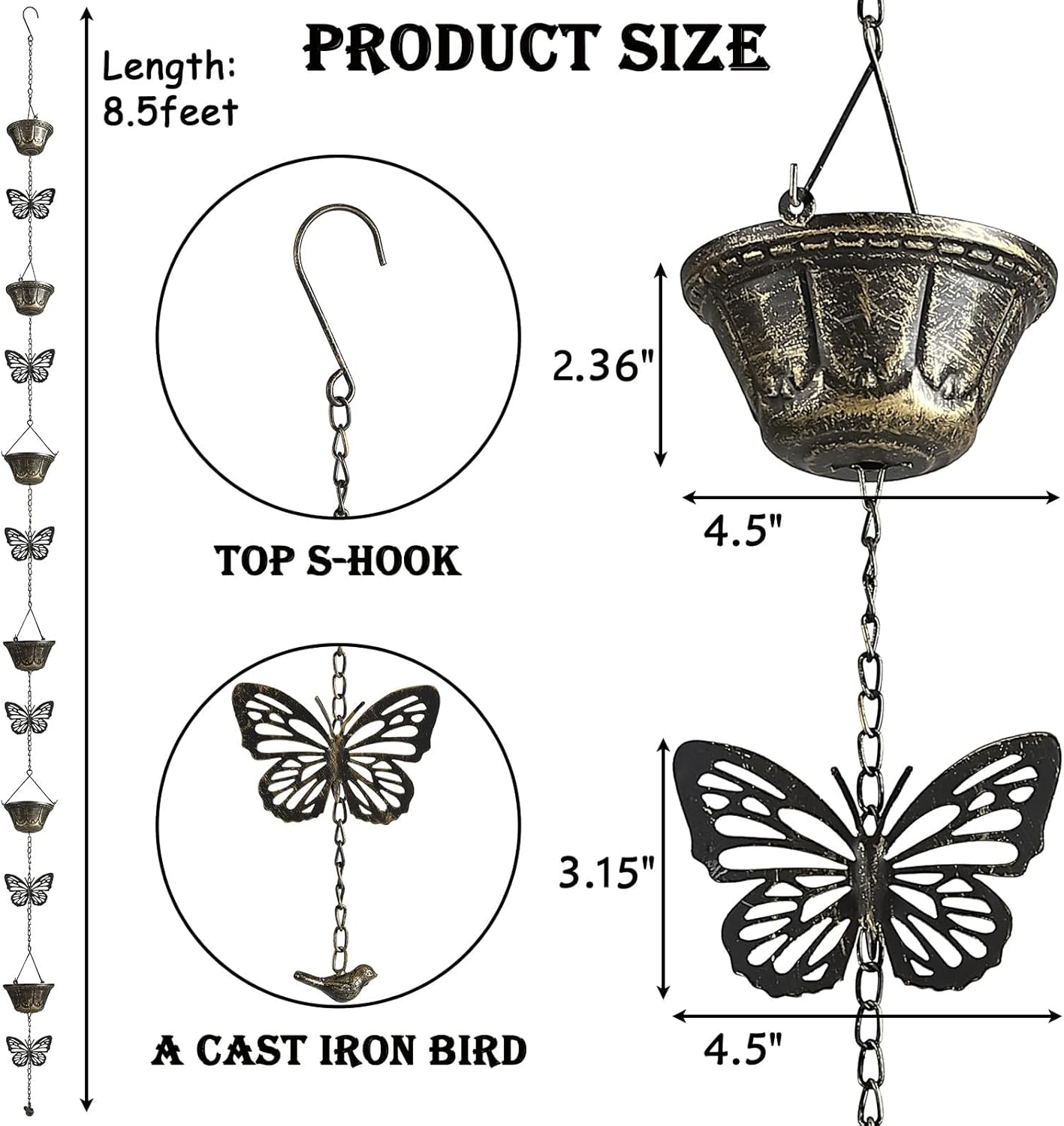 8.5FT Rain Chains for Gutters Downspouts, Butterfly and Cup Rain Gutter Chain, Functional and Decorative Replacement Rainchains for Downspout, Metal Rain Catcher Chimes for Outside, Vintage Copper