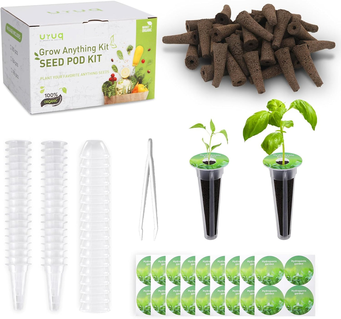 140Pcs Hydroponic Pods Supplies: Compatible with AeroGarden Grow Anything Herb Kits - Includes Grow Sponges Grow Baskets Grow Domes Labels - Hydroponics Supplies for Most Brand