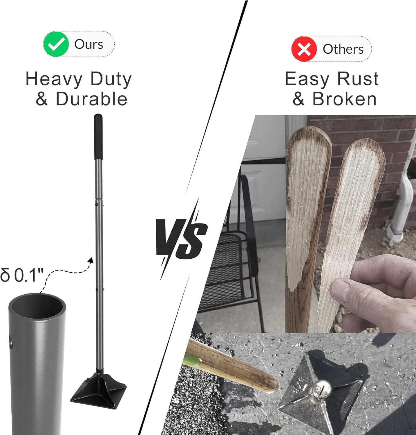 Walensee Steel Tamper with 48 inch Handle 8"x8" Garden Rubber Grip for Laborsaving All-Steel Heavy Duty Ideal Tool Leveling Ground Installing pavers and Repairing Blacktop