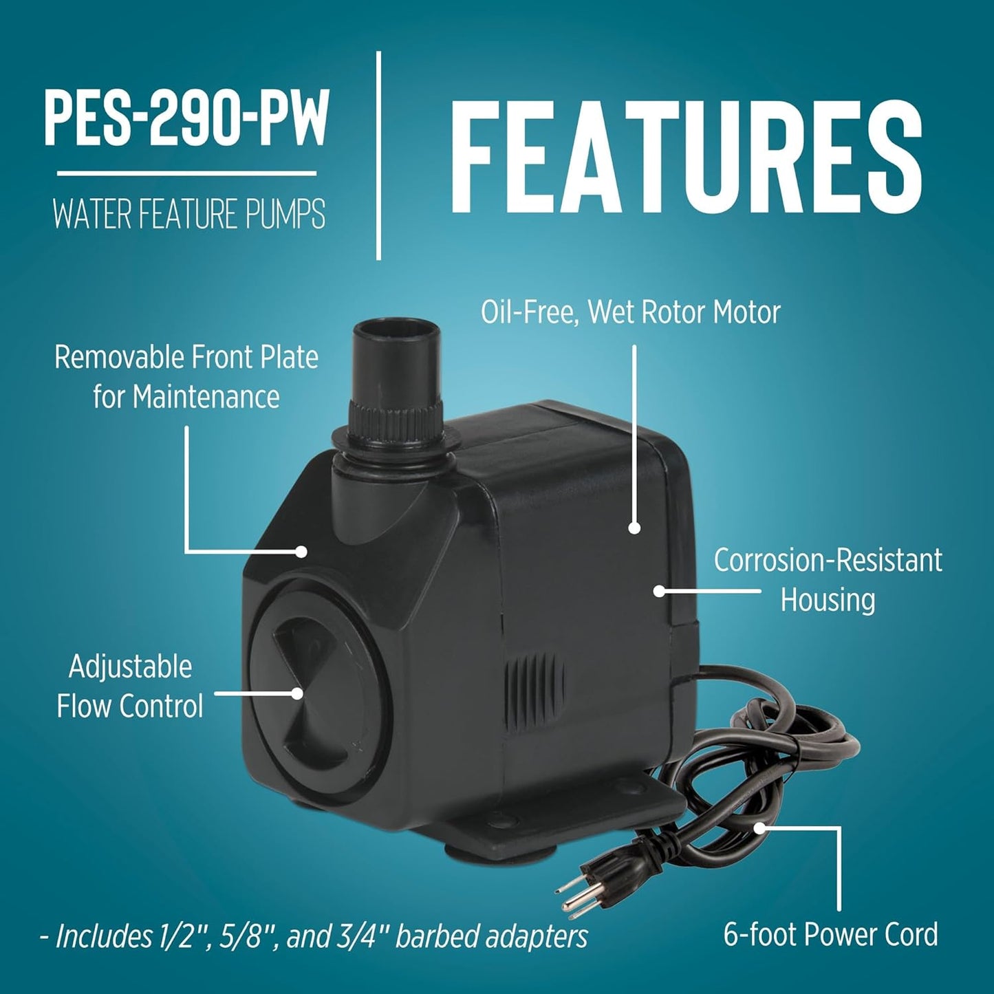 Little Giant PES-290-PW 115-Volt, 300 GPH Magnetic Drive Fountain/Pond Pump with 6-Ft. Cord, Black, 566717