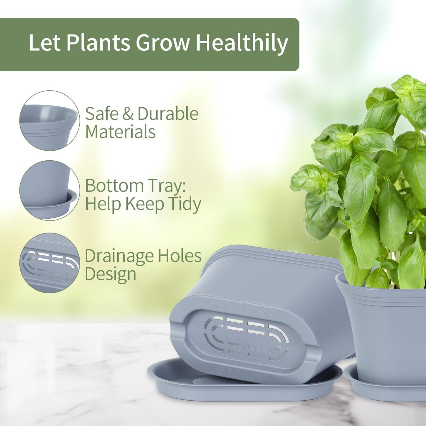 Windowsill Herb Garden Planter with Tray, Set of 6 Grey Oval Farmhouse Garden Pots for Indoor/Outdoor Plants (No Seeds)