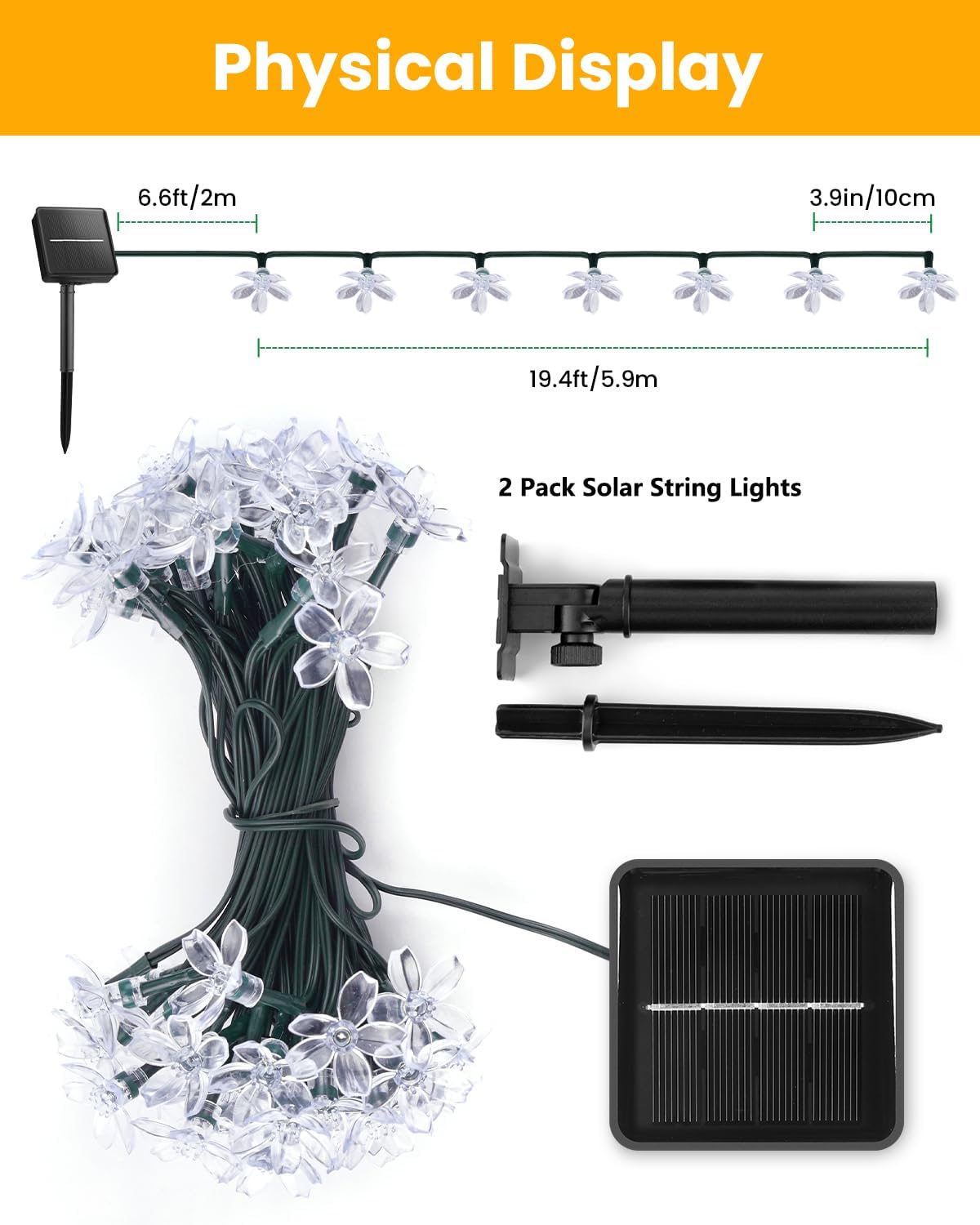 Brightown 2 Pack Total 52FT 120 LED Solar String Lights Flower Outdoor Waterproof Fairy Lights for Garden Yard Fence Patio Christmas Tree Wedding Party Decor, Pure White