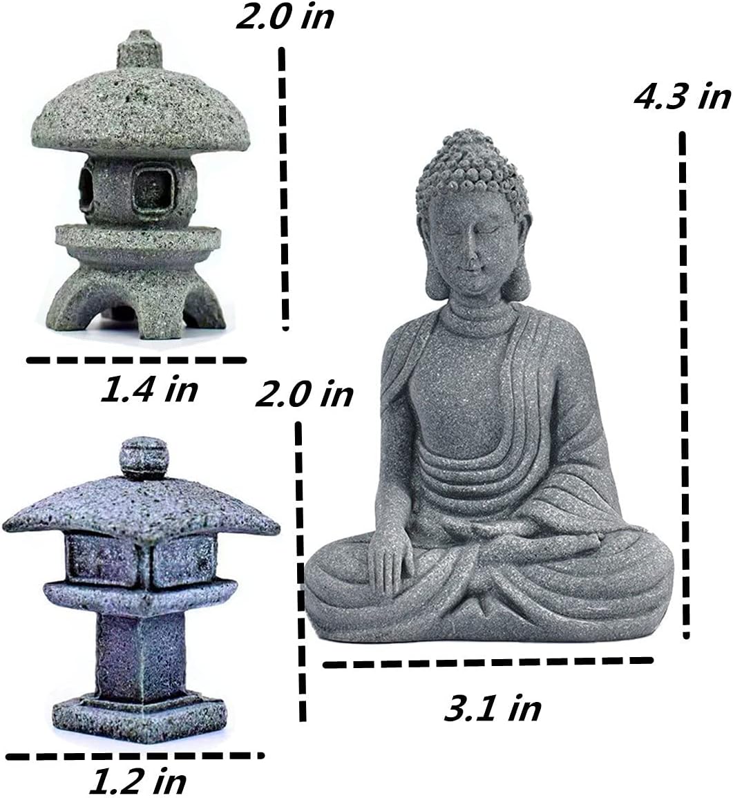 Buddha Statue and 2 Japanese Lantern Pagoda Statues - Zen Garden Accessories for Home and Mini Meditation Decor