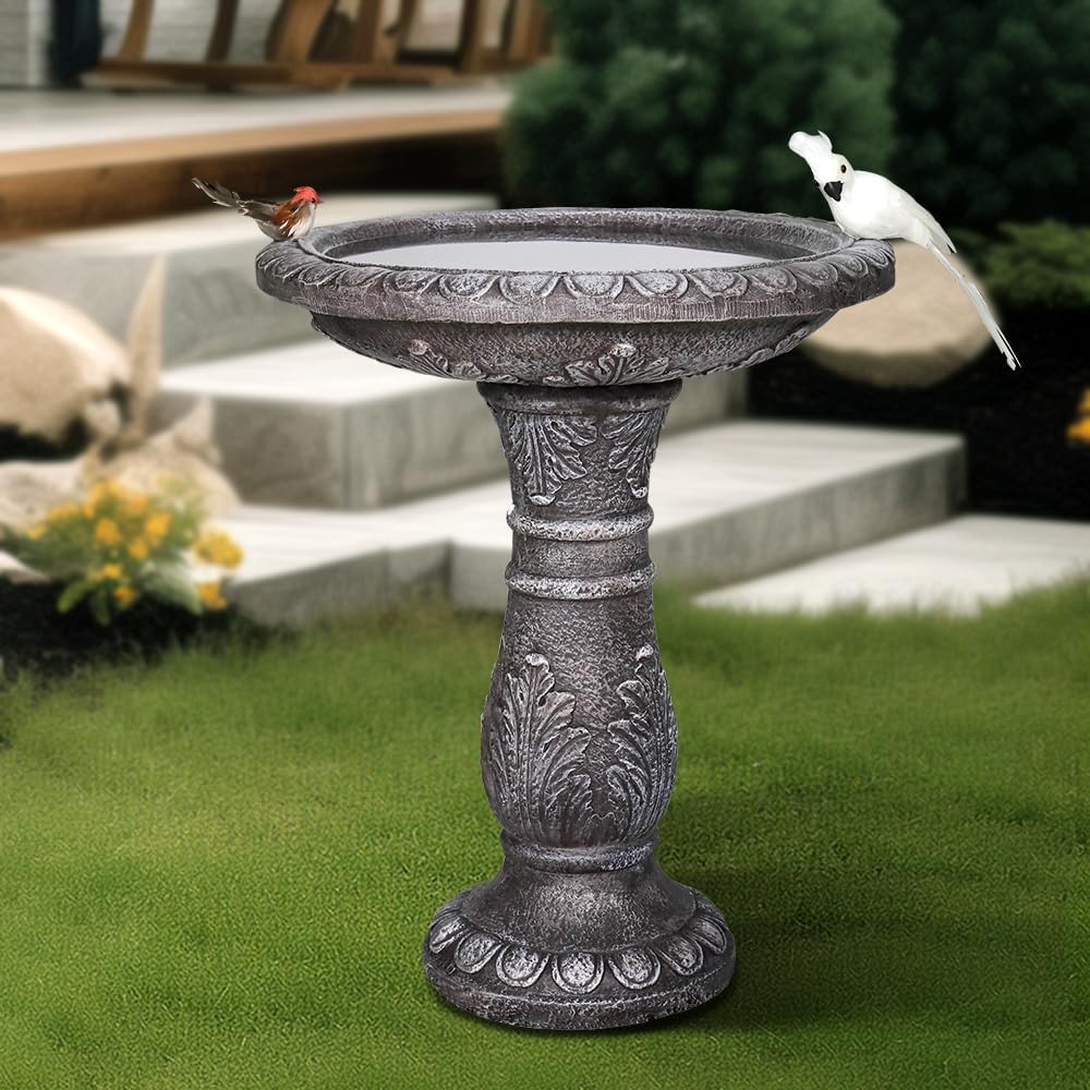 SKYFIRE 24.4" H Cement Bird Bath for Garden- Fibre Reinforced Concrete Bird Baths for Outdoors, Large Size Vintage Carved Pedestal Birdbath for Patio, Yard, Lawn -20”Dia. X 24.4”H Bird Fountain