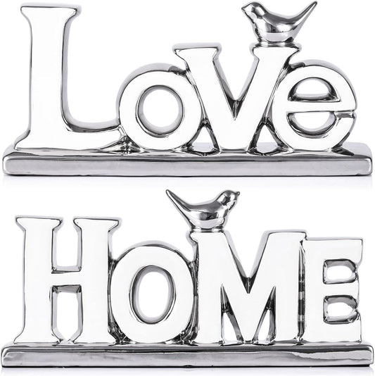 Love Sign Decoration,White and Silver Love Signs for Home Decor Statue,Bird Sculpture Personalized Love Decor,Chrome Style Figurine Decorative Ornaments for Living Room,Bedroom (2 Pcs, White+Silver)