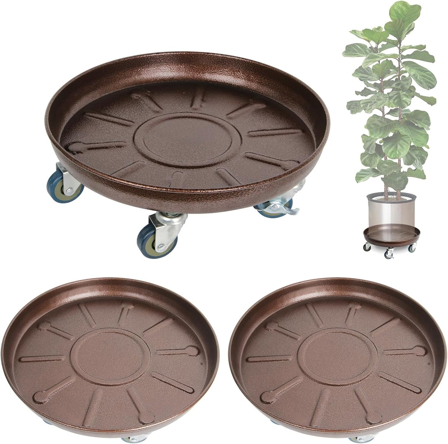 Heavy Duty Plant Caddy with Solid Rubber Wheels, Lockable, Increased Load Capacity, One-Minute Installation, Suitable for Indoor, Outdoor, Patio, Garden Settings, 14 Inches 3PACK, Brown