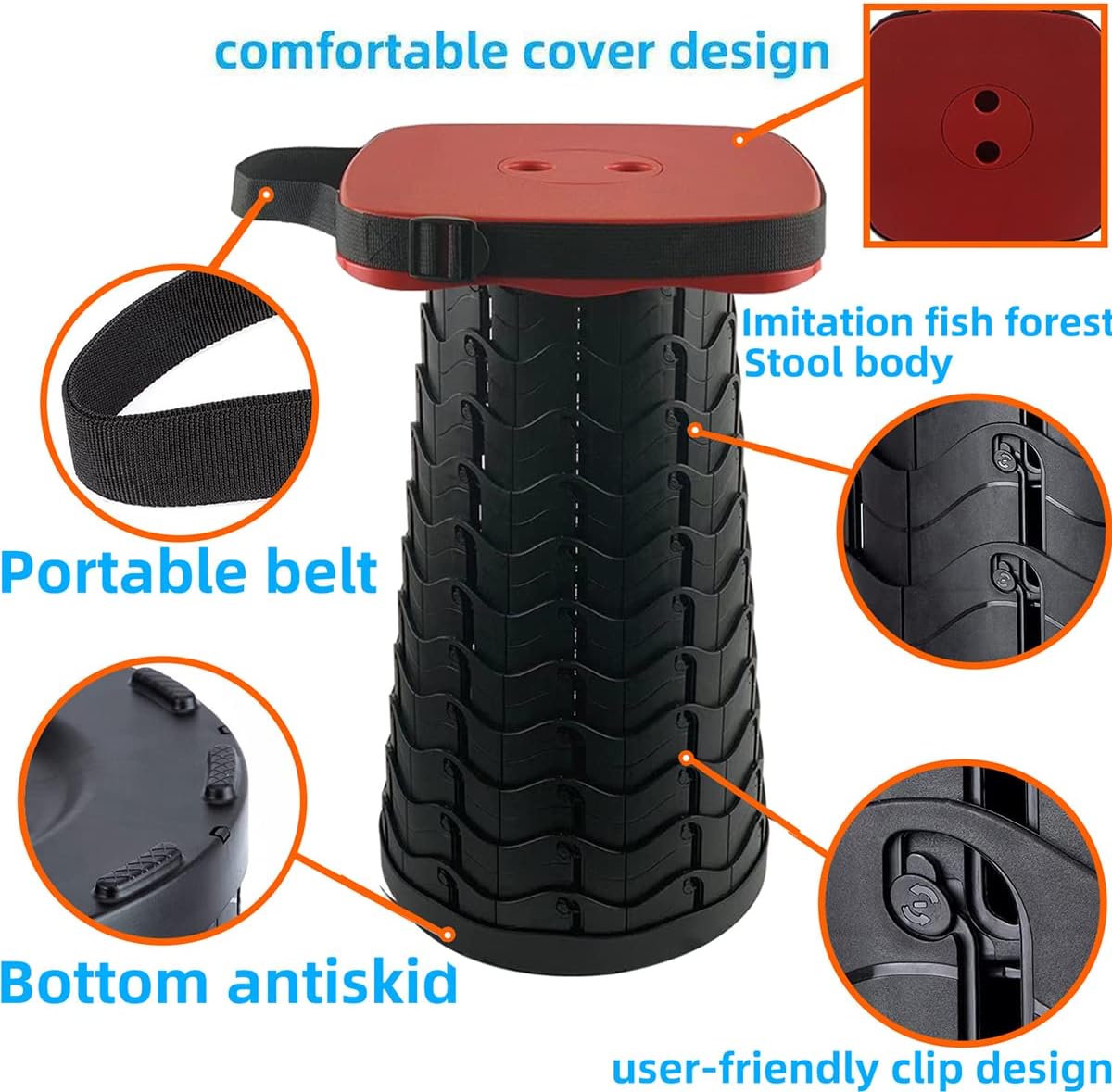Collapsible Camping Stool with Seat Cushion & Nylon Bag, Square Portable Telescopic Stool, Lightweight Sturdy Foldable Stool for Camp Fishing Picnic, Max Load 550 lb