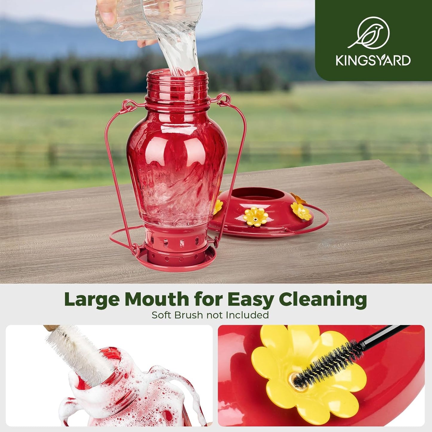 Kingsyard Vintage Glass Hummingbird Feeder Leak Proof Ant Bee Proof Lantern Bird Feeder with 6 Ports Moat, 24 oz Red