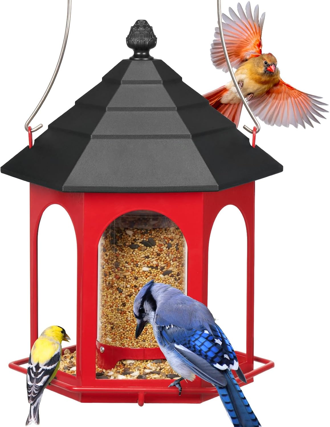 Kingsyard Metal Bird Feeder for Outdoors Hanging, 3 lbs Seed Feeder, Wild Bird Feeders for Garden Cardinal Finch Bluebird, Easy to Fill & Clean, Red