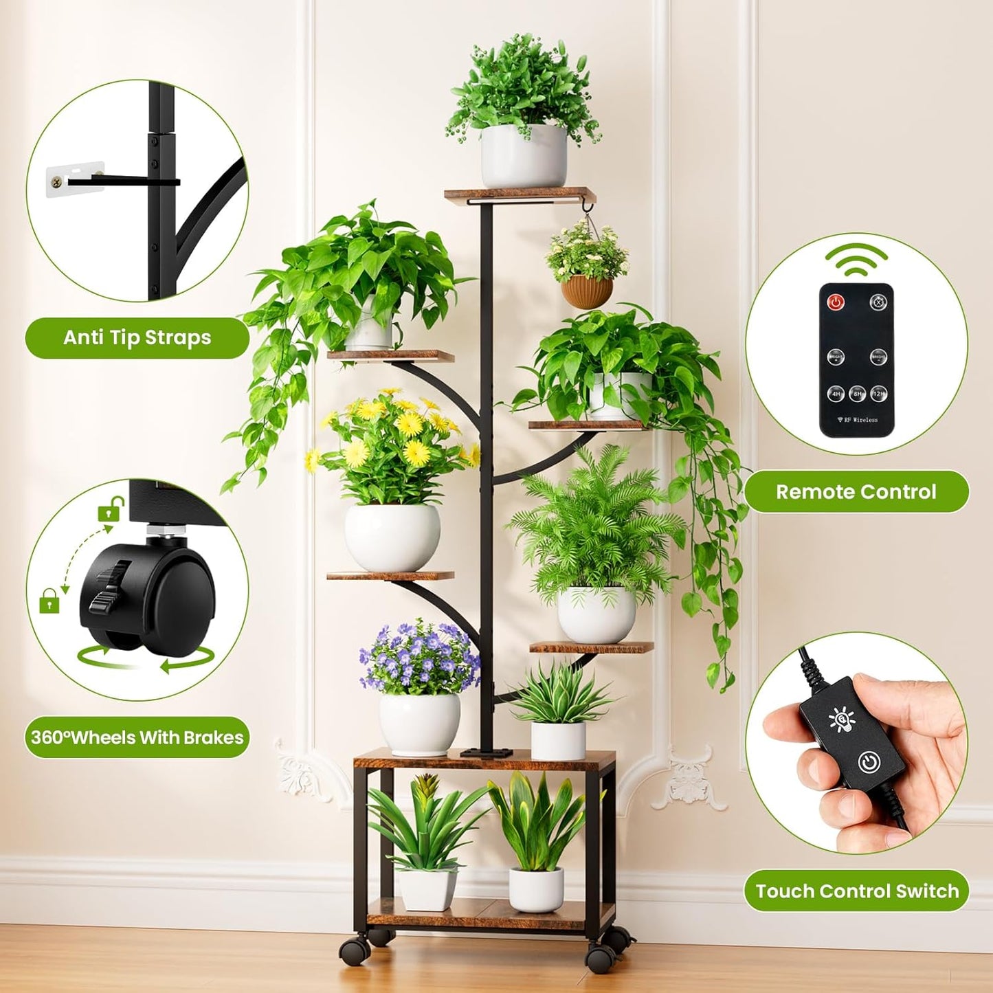 Plant Stand Indoor with Grow Lights & Wheels, 60" Tall 7-Tiered Mobile Corner Plant Shelf for Indoor Plants, Metal Tree-Shaped Plant Rack for Living Room, Patio, Balcony, Black