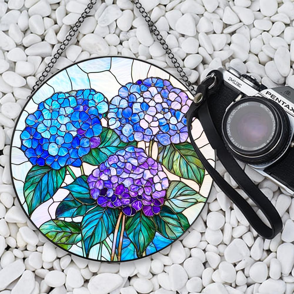 Handmade Hydrangea Flower Stained Glass Suncatcher - Vibrant Window Décor for Home/Garden,Gift-Ready Sun Catcher Art with Hook (Blue, 6.3 * 6.3IN)