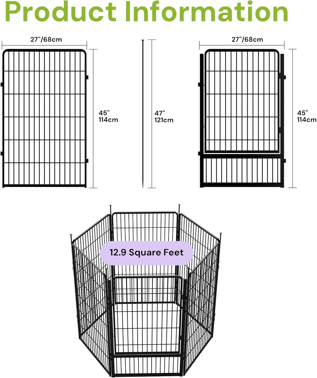 Decorative Garden Fence with Gate 45 in(H) x 13.4 ft(L) 6 Panels, Heavy Duty Metal Animal Barrier Fence for Yard, Flower Bed Fencing, Garden Border Fence, Easy Set Up, Black