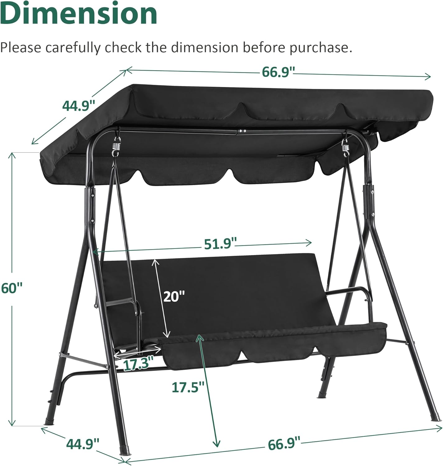 MCombo 2-3 Person Outdoor Patio Swing Chair, Convertible Canopy Hanging Swing Glider Lounge Chair, Removable Cushions, 4003 (Black)