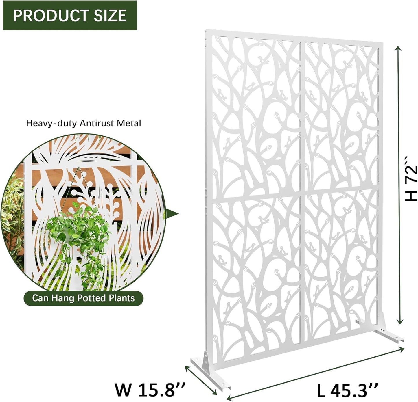 Metal Privacy Screen W3.8Ft x H 6Ft Outdoor Patio Privacy Panels Free Standing Divider Decorative for Balcony Garden Room Lawn Deck (1, White Leaf)