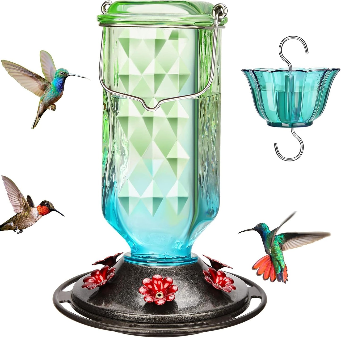 Kingsyard Glass Hummingbird Feeder for Outdoor Hanging, 24 Ounces, 6 Feeding Ports, Bird Nectar Feeder for Garden Décor, Ant Moat Included, Green & Blue