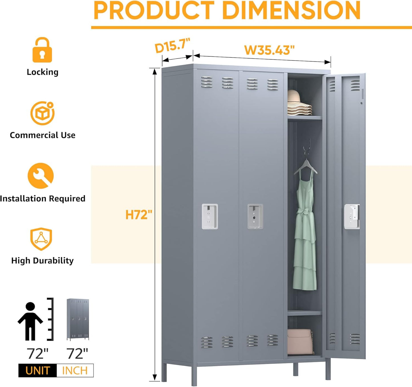 Metal Storage Locker for Employees, 72" Employee Locker with 3 Doors&9 Hooks for School Gyms Homes Garages Offices Study with Assembly Required, Light Gray