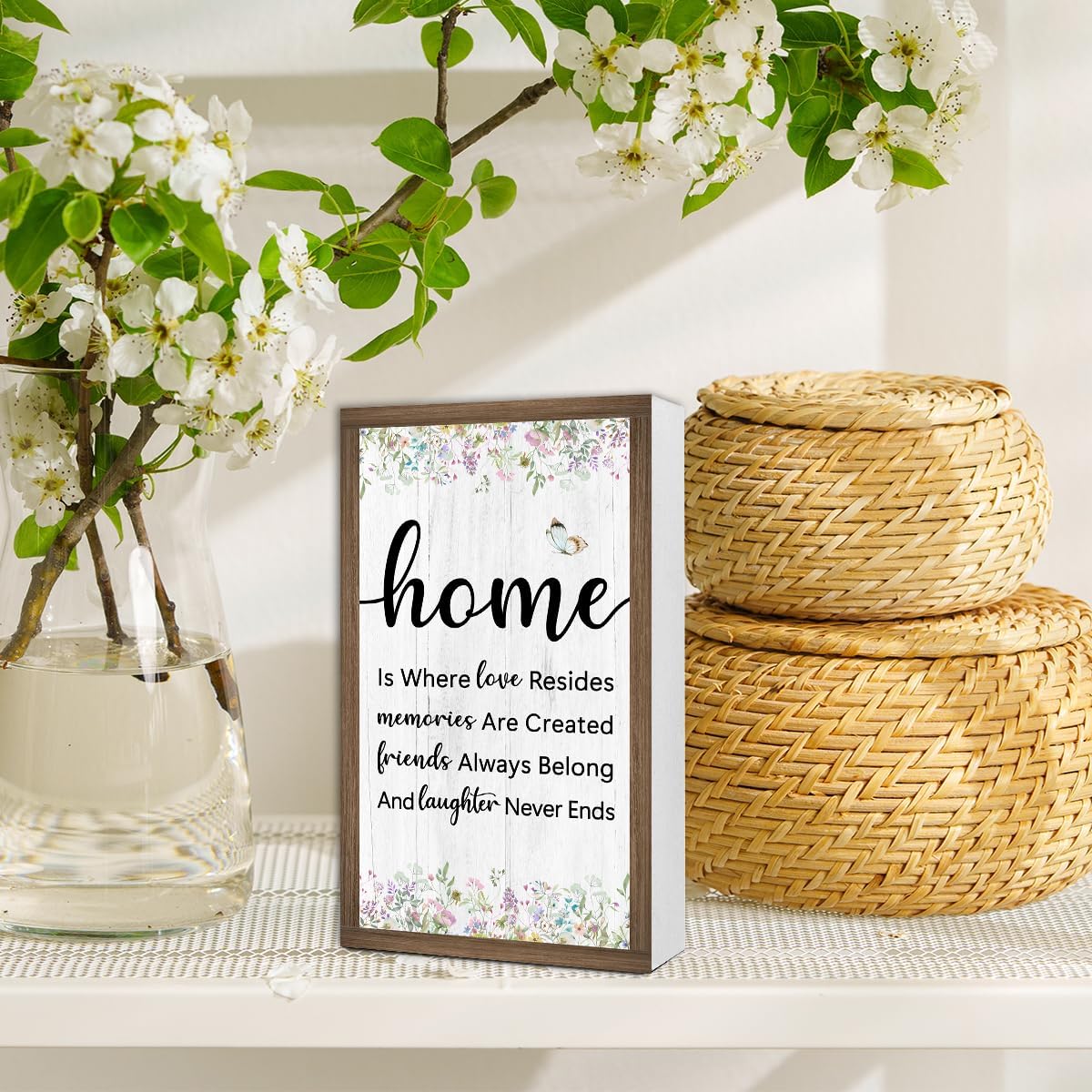 Home is Where Love Resides Memories Are Created Wooden Box Sign Desk Decor,Family Saying Wood Block Sign for Home Farmhouse Bedroom Shelf Tabletop Wall Decor