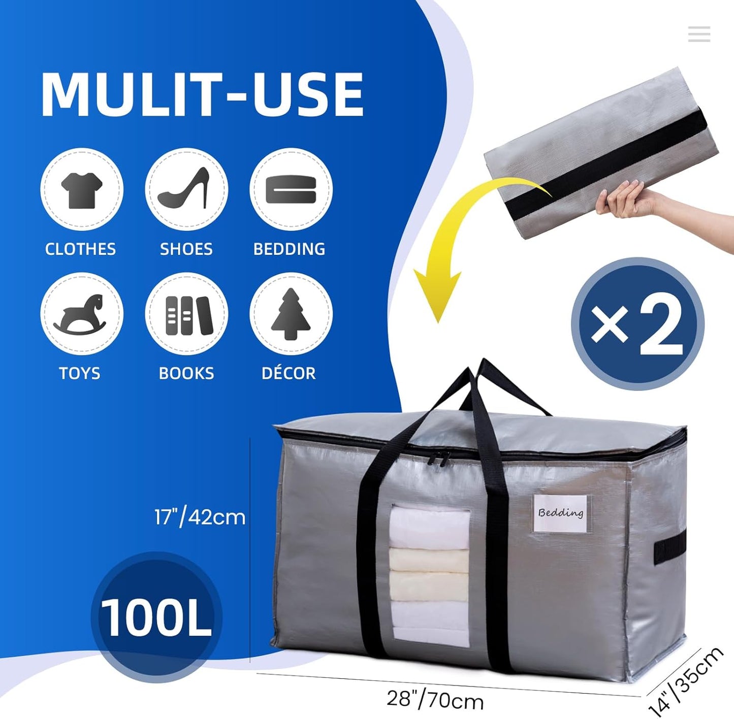 TAILI Extra Large Moving Bags, 2 Pack Silver Heavy Duty Totes For Storage with Visible Window, Wrap Around Handles, Storage Bags for Space Saving, Alternative to Moving Boxes