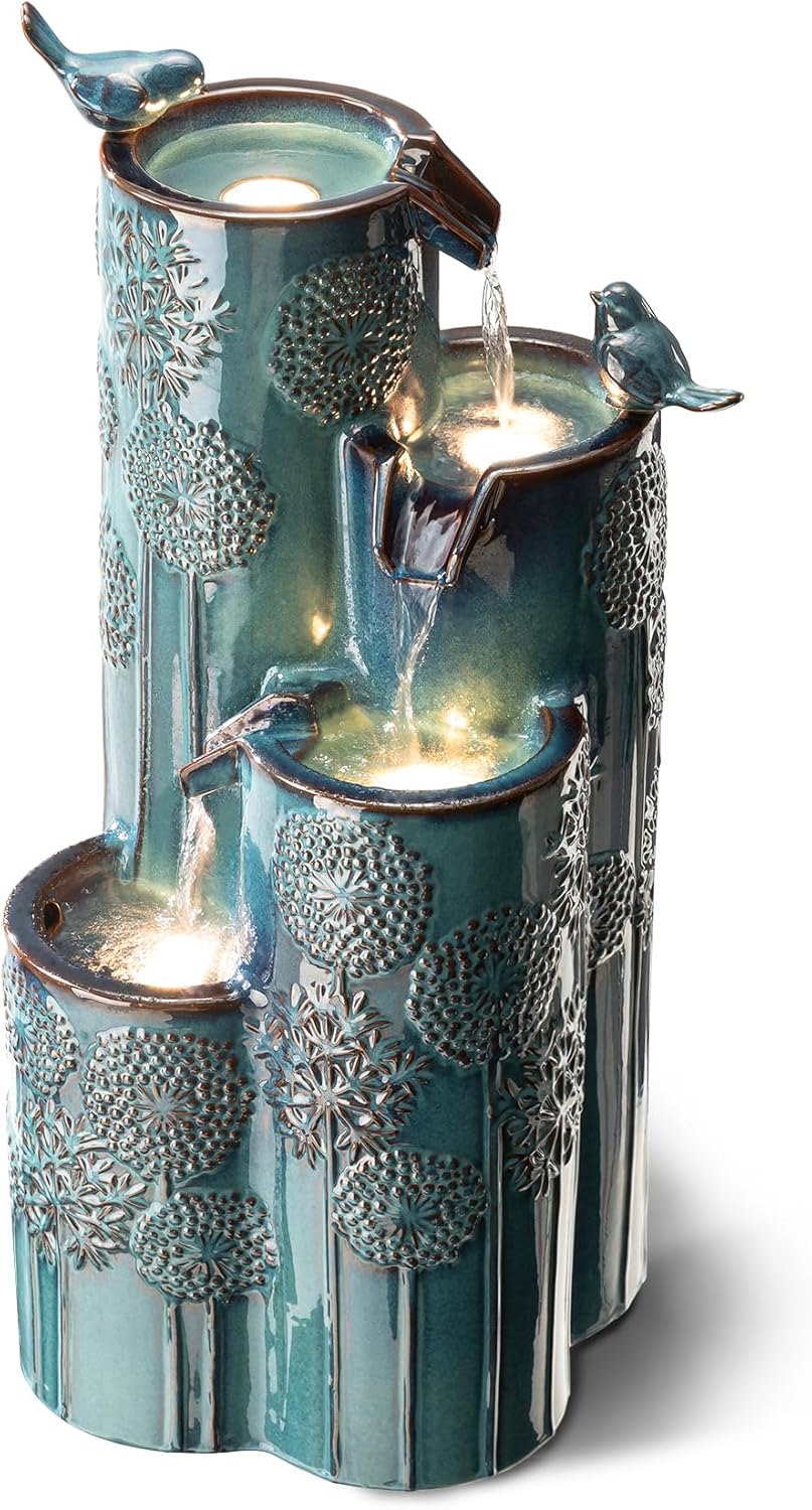 Glitzhome 31.75" H Outdoor Water Fountain with LED Lights and Pump, 4 Tier Dandelion Texture Vase Shaped Ceramic Floor Standing Fountain with Birds for Porch Deck Garden Patio Backyard, Turquoise