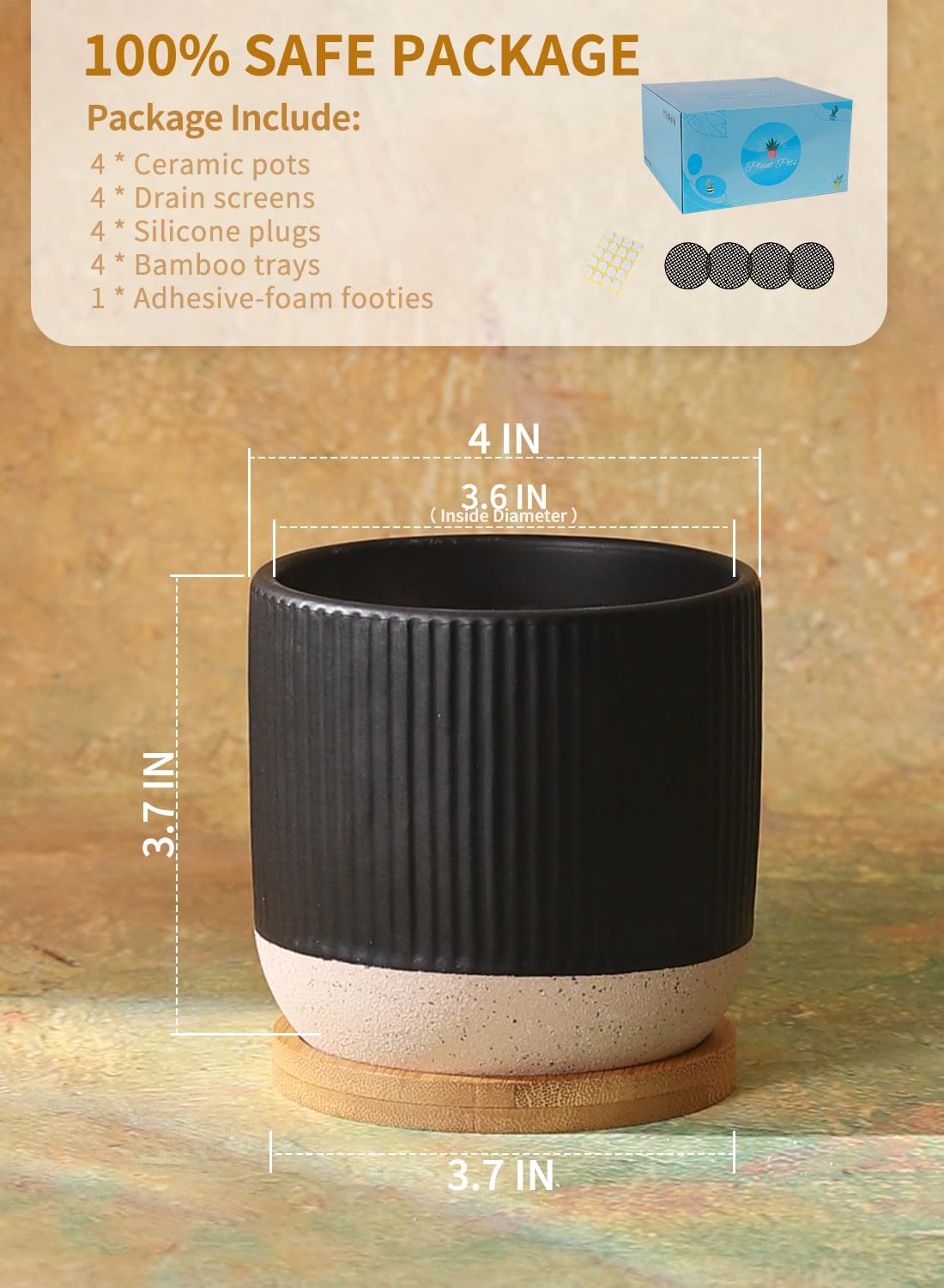 AOMRYOM 4 Inch Small Ceramic Plant Pots with Drainage Hole and Saucer, Modern Flower Planter for Succulent, Indoor Plants, Cactus, Herbs, Black, Set of 4 (Plant Not Included)