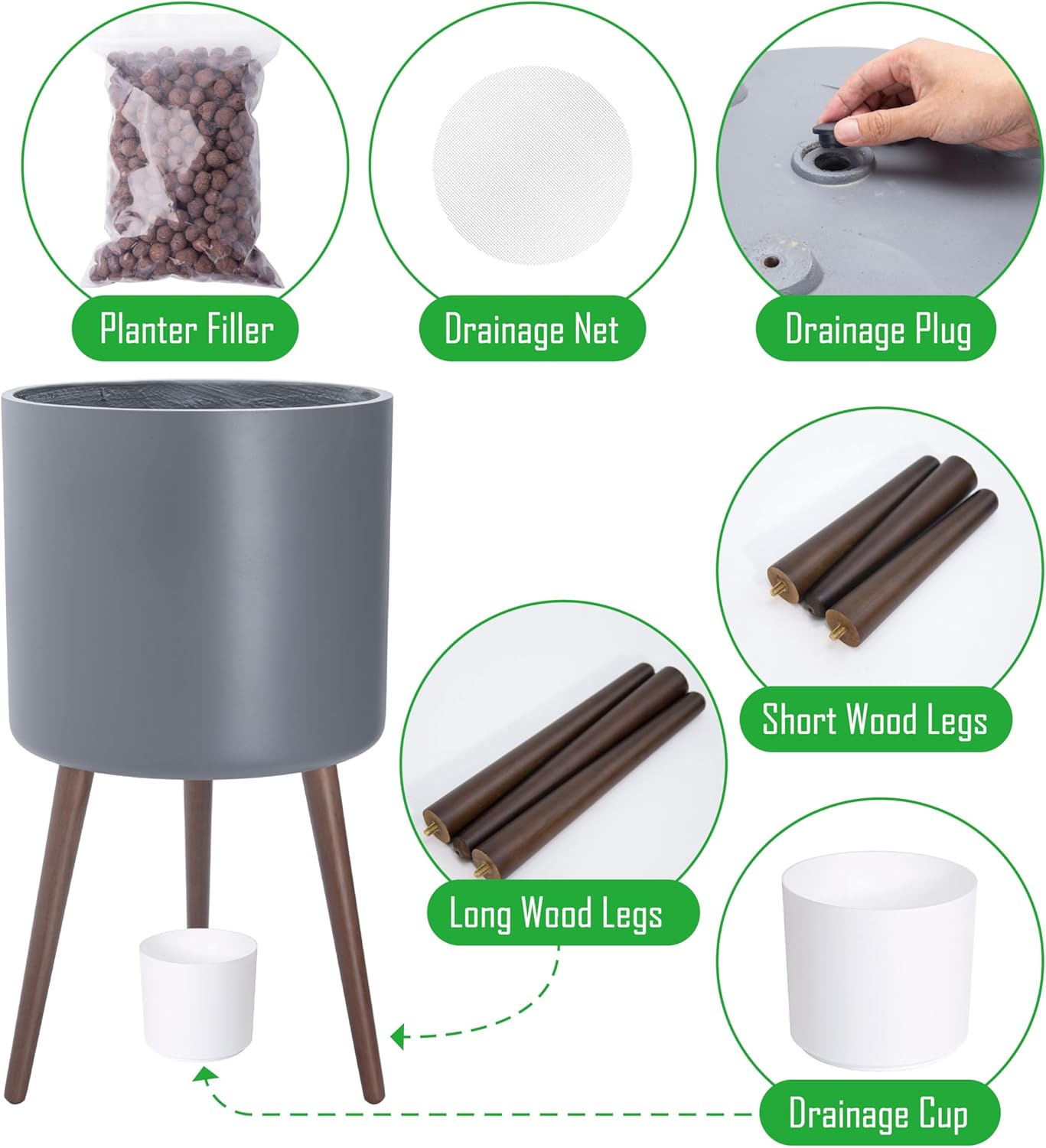 D'vine Dev 16 Inch Planter Pot with Stand, Mid-Century Tall Plant Pot with Legs for Indoor Plants, XX-Large, Grey, 88-O-E-3