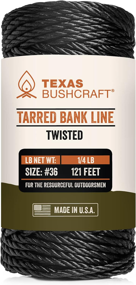 Texas Bushcraft Tarred Bank Line Twine - #36 Black Nylon String for Fishing, Camping and Outdoor Survival – Strong, Weather Resistant Bankline Cordage for Trotline
