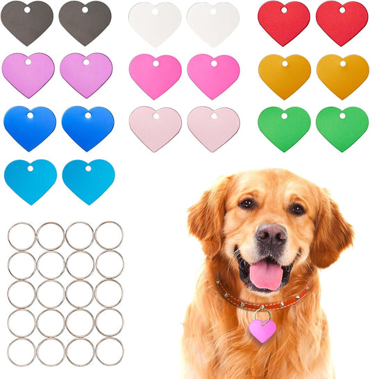 [Press TX Art] 40 Pcs Round(Circle), Bone, Rectangle, Heart Anodized Aluminum Stamping Blanks Tags 10 Mixed Colors Metal Engraving ID Name Tags with Rings (Hearts in 10 Colors)